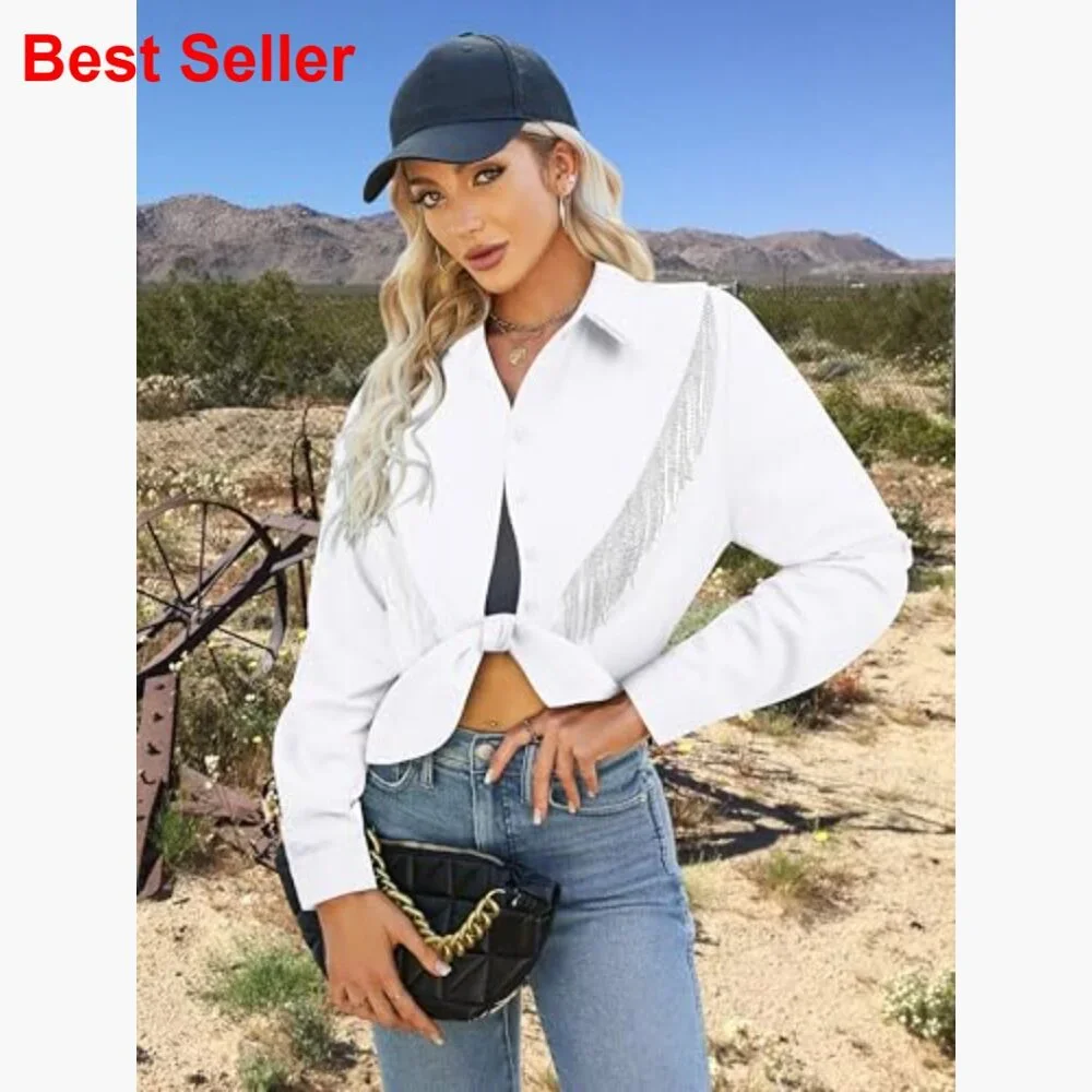 Sparkly Fringe Cropped Button Down Shirt with Rolled 3/4 Sleeves - Picture 2 of 7